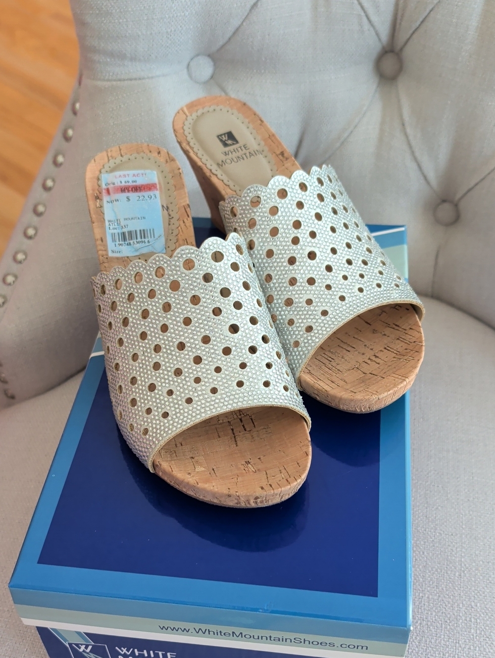 White Mountain Metallic Silver Perforated Wedge Slide Sandals